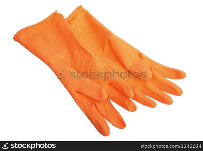 Two orange rubber gloves. Close-up. Isolated on white background.