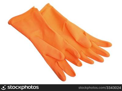 Two orange rubber gloves. Close-up. Isolated on white background.