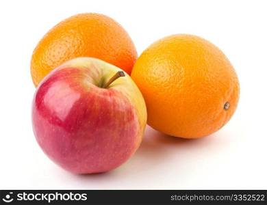 Two oranges and juicy apple. Two oranges and juicy apple isolated on white background