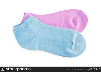 Two pairs of women&rsquo;s socks pink and blue isolated on white background