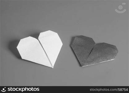 Two paper hearts Valentines Day origami monochrome