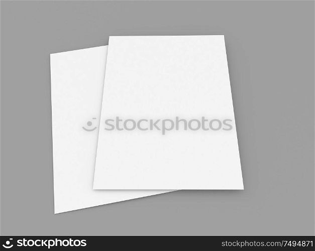 Two paper sheets on a gray background. 3d render illustration.. Two paper sheets on a gray background.