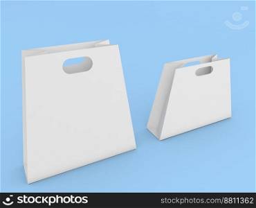 Two paper shopping bag mockups on a blue background. 3d render illustration.. Two paper shopping bag mockups on a blue background. 