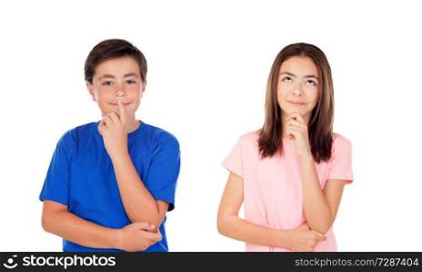 Two pensive teenager isolated on a white background