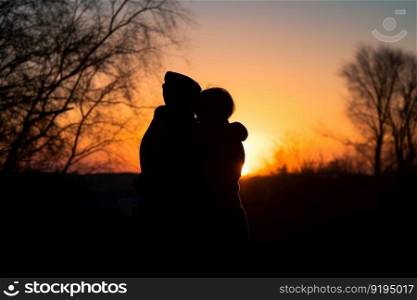 Two people hugging in sunset. Romance nature. Fictional person. Generate Ai. Two people hugging in sunset. Generate Ai