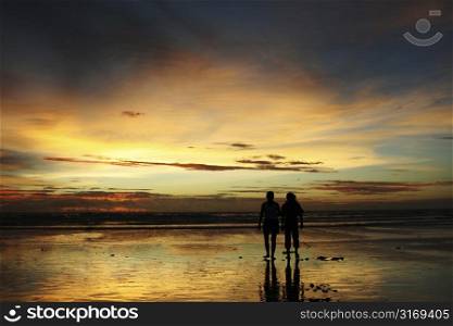 Two people in silhouette walking on a beach during sunset