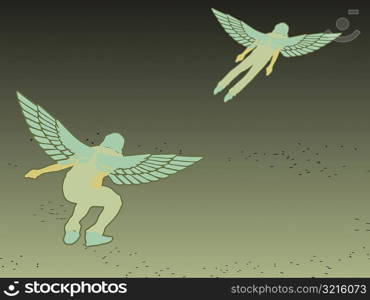 Two people with wings flying in the sky