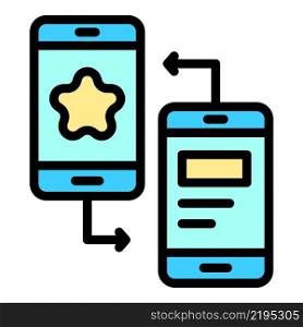 Two phones synchronization icon. Outline two phones synchronization vector icon color flat isolated. Two phones synchronization icon color outline vector