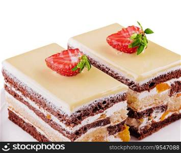 two pieces multi-layered cocoa sponge cake