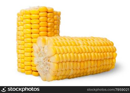 Two pieces of ripe corn cob isolated on white background