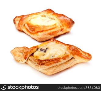 two pies with curds filling isolated on white