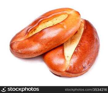 two pies with curds filling isolated on white