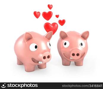 Two piggy banks fall in love, isolated on white background