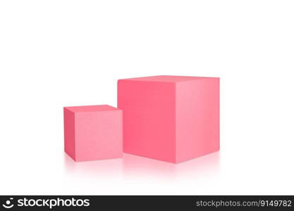 Two pink podiums isolated on white background. Podium for product, cosmetic presentation. Creative mock up. Pedestal or platform for beauty products. Two pink podiums isolated on white background. Podium for product, cosmetic presentation. Creative mock up. Pedestal or platform for beauty products.