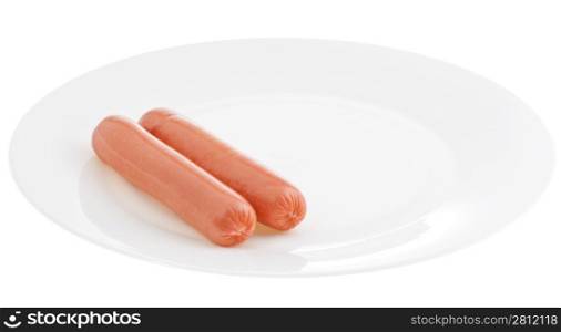two pink sausages on white plate isolated on white background