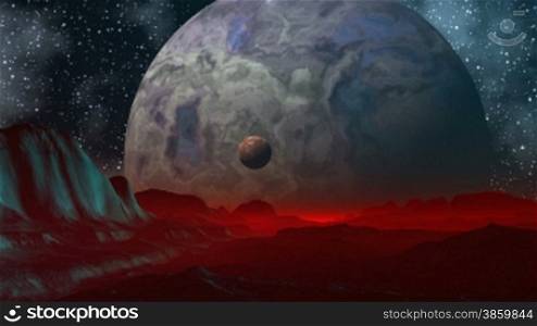 Two planets against a fantastic landscape. From a huge planet the moon over hills flies. Planets slowly rotate. The horizon is covered with a red being shone fog. In the sky stars and nebula.