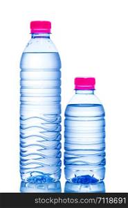Two plastic bottles of water with different sizes.