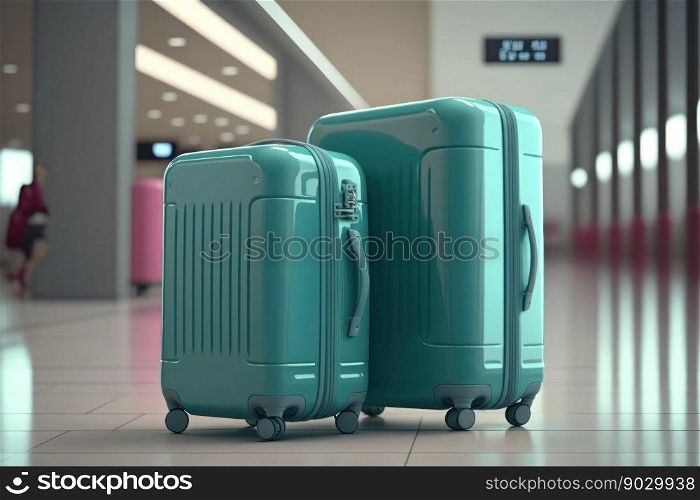 Two plastic travel suitcases in airport terminal, digital illustration painting, Generative AI