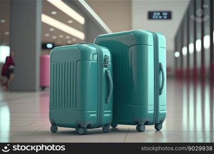 Two plastic travel suitcases in airport terminal, digital illustration painting, Generative AI