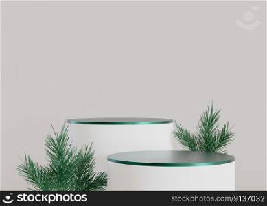 Two podiums with Christmas decoration on beige background. Xmas composition. Elegant scene for product, cosmetic presentation. Mock up. Stage for beauty products. Copy space. 3D rendering. Two podiums with Christmas decoration on beige background. Xmas composition. Elegant scene for product, cosmetic presentation. Mock up. Stage for beauty products. Copy space. 3D rendering.