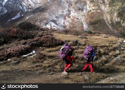 Two porters on the footpath in mountain, Nepal