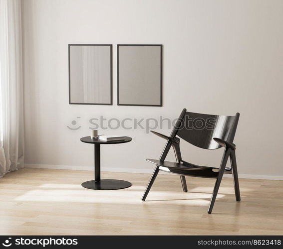 two poster frames mockup on white wall, black chair and coffee table, 3d render