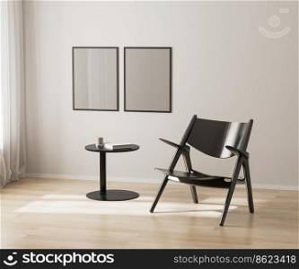 two poster frames mockup on white wall, black chair and coffee table, 3d render