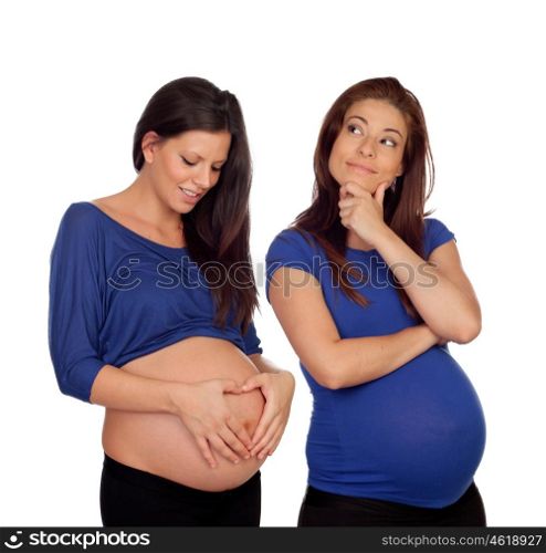 Two pregnant women dressed in blue isolated on white background
