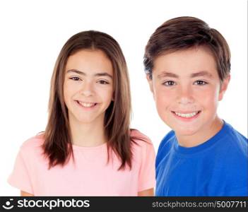 Two preteenagers isolated on a white background