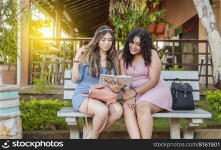 Two pretty girls reading on a bench outdoors, Two pretty teenage girls reading a book on a bench, Two smiling friends sitting reading the same book on a bench outdoors