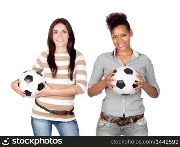 Two pretty girls with a soccer ball isolated on white background