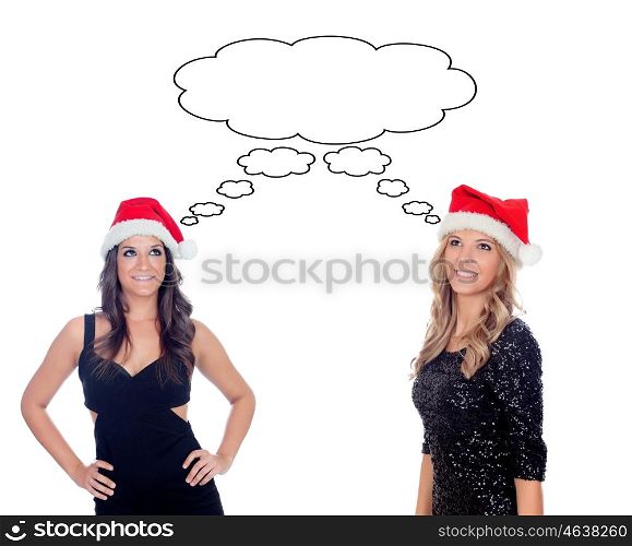 Two pretty girls with Christmas hat thinking isolated on white background
