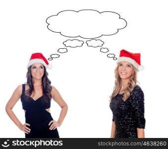 Two pretty girls with Christmas hat thinking isolated on white background
