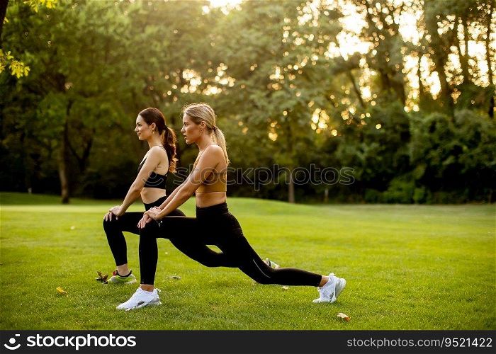Two pretty retty young woman doing stretching in the park