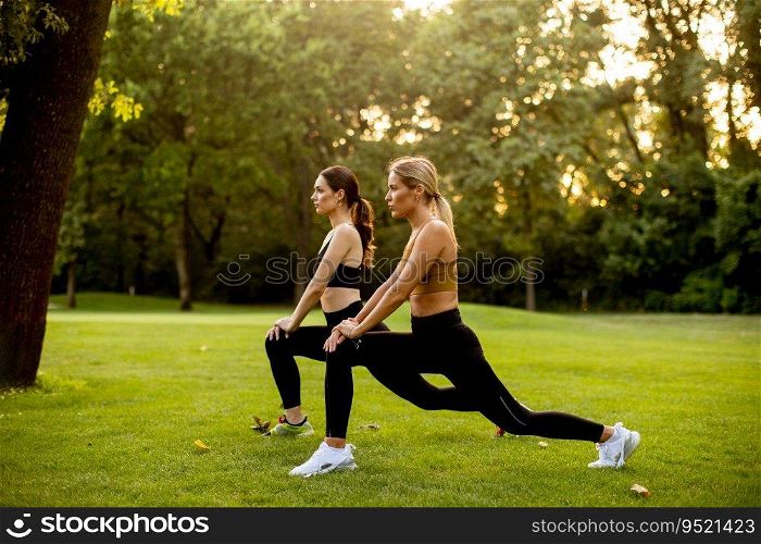 Two pretty retty young woman doing stretching in the park