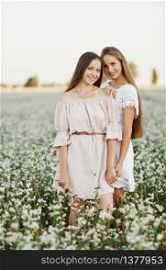two pretty sisters in a field of flowers. Spring beauty concept. Portrait shot of two gorgeous women. Beautiful joyful two girls with long healthy hair enjoying nature on summer. two pretty sisters in a field of flowers. Spring beauty concept. Portrait shot of two gorgeous women. Beautiful joyful two girls with long healthy hair enjoying nature on summer.