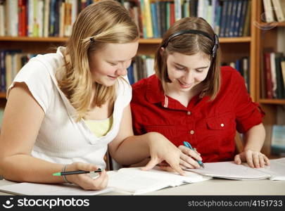 Two pretty teen girls doing their homework in the school library.