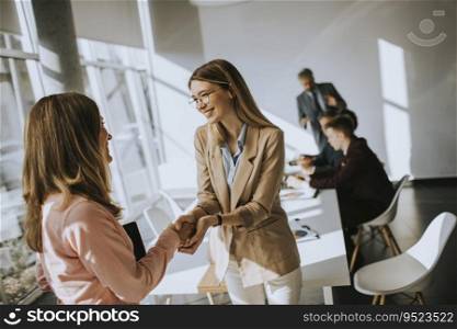 Two pretty young business women giving friendly handshake in the office