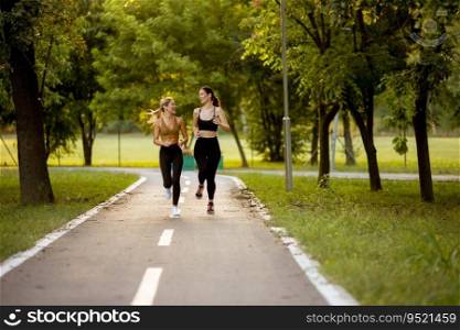 Two pretty young women running on a lane in the park