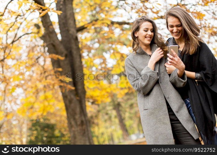 Two pretty young women using mobile phone in the autumn park