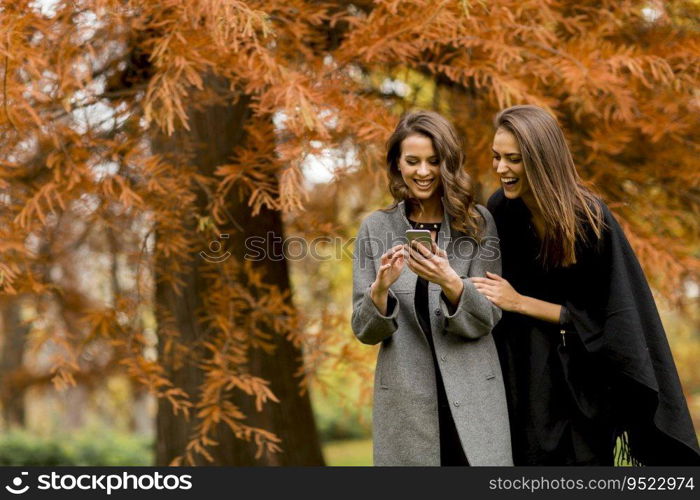 Two pretty young women using mobile phone in the autumn park