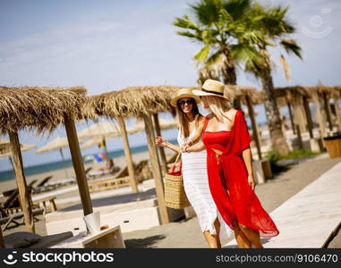 Two pretty young women walking on a beach at summer