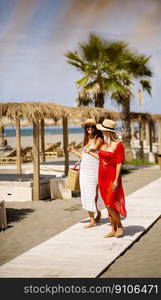 Two pretty young women walking on a beach at summer