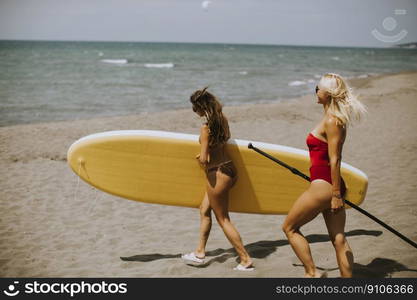 Two pretty young women with paddle board on the beach on a summer day