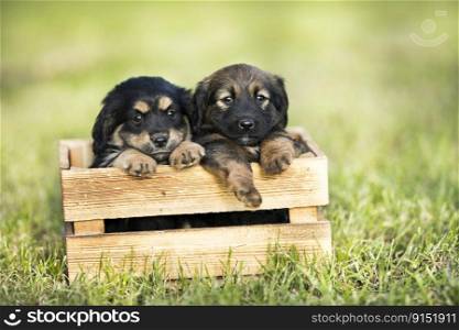 Two puppies dog a wooden crate on the grass