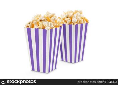 Two purple white striped carton buckets with tasty cheese popcorn, isolated on white background. Movies, cinema and entertainment concept.