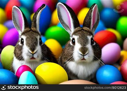 Two rabbits among plenty of Easter eggs of different colors. Generative AI