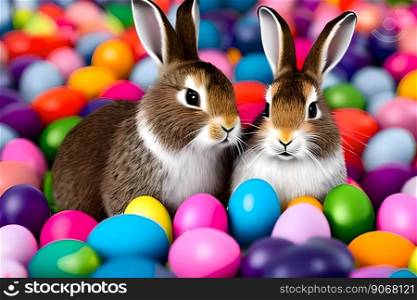 Two rabbits with colorful Easter eggs. Generative AI
