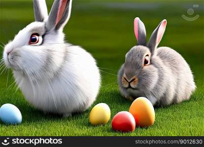 Two rabbits with Easter eggs on a lawn. Generative AI