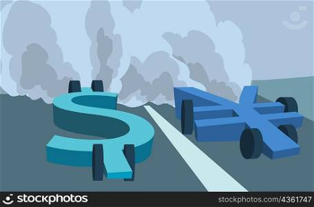 Two race cars in the shape of a dollar sign and a yen sign